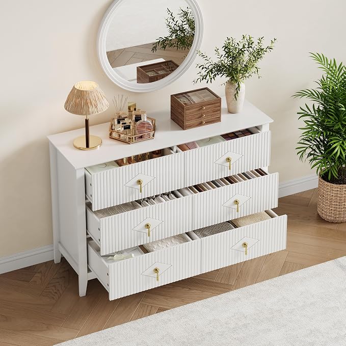 GarveeHome Fluted Dresser for Bedroom, 47.2 Inch Wide 6-Drawer Wood Dresser, Modern Chest of Drawers, Storage Organizer Cabinet for Living Room, Hallway, Entryway, White - Image 6