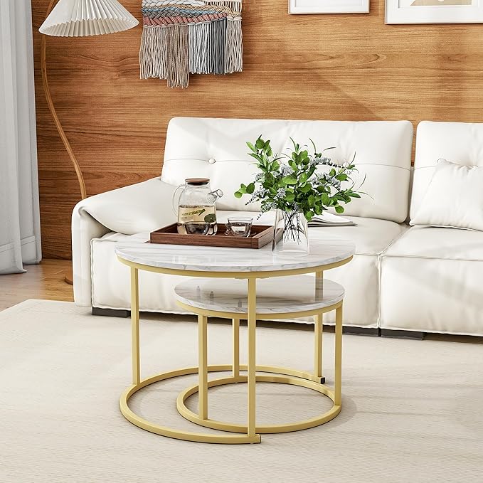 HOJINLINERO Round Coffee Table,Nesting Coffee Table Set of 2,Center Tables for Living Room,Office, Home Small Space,Stacking Side Tables,Sturdy and Easy Assembly,Wood Desktop,Golden+White,Large