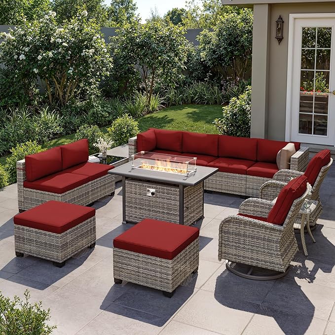 13-Piece Outdoor Patio Furniture Set with Rocking Swivel Chair, Wicker Rattan Sectional Sofa Conversation Set with 55,000 BTU Fire Pit Table with Ottomans, Backyard Furniture, Red