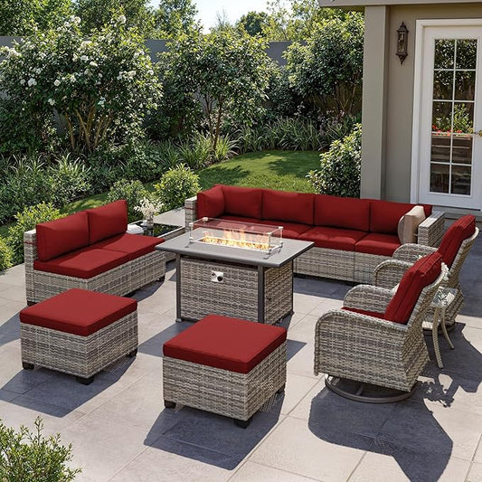 13-Piece Outdoor Patio Furniture Set with Rocking Swivel Chair, Wicker Rattan Sectional Sofa Conversation Set with 55,000 BTU Fire Pit Table with Ottomans, Backyard Furniture, Red