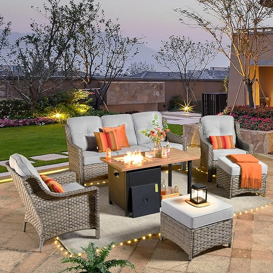 HOOOWOOO 6 Piece Patio Furniture Sets with Fire Pit Table,Outdoor Wicker Furniture Set,All Weather Resistant Outside High Back Rattan Conversation Set for Out Door(Light Grey Gray)