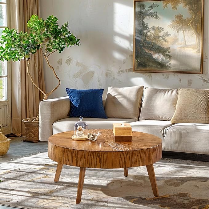 Gexpusm Round Wood Coffee Tables for Living Room, Farmhouse Circle Coffee Table, Mid Century Wooden Rustic Coffee Tables for Apartment, Easy Assembly (Only Coffee Table, 31.50" Dx31.50 Wx14.29 H)