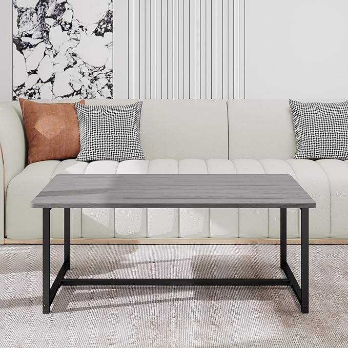 35.4" Rectangular Coffee Table for Living Room, Modern Industrial Style Coffee Table Center Table with Metal Frame for Small Space, Apartment, Office, Easy Assembly, Grey