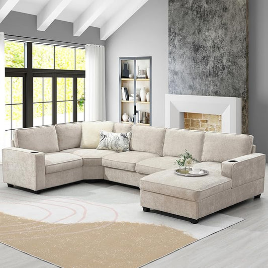 Merax Modern Oversized U-Shaped Sectional Sofa with Cup Holders & Chaise Lounge, Chenille 6-Seat Couch Set Sleeper Bed with Deep Seat Beige