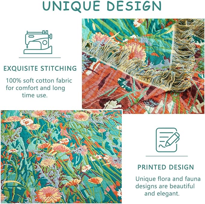 Boho Throw Blanket - 90"x90" 100% Cotton Ultra Soft Lightweight Spring Blanket, 4-Layer Breathable Muslin Blankets for Bed Couch, Reversible Green Floral Printed Bohemian Cotton Quilt