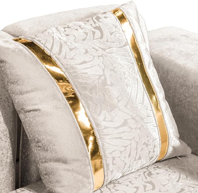 Furniture of America Samison II Glam Solid Wood Upholstered Couch with Accent Pillows, Damask Pattern and Gold Base, Comfortable Sofa for Living Room, Bedroom, Office, Beige