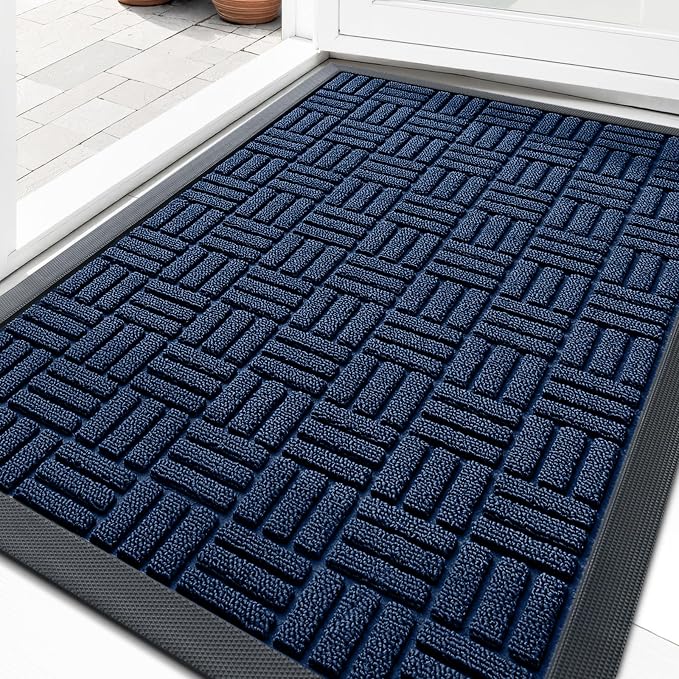 OLANLY Front Door Mat Outside Entrance 33x21, Absorbent, Heavy Duty Sturdy Natural Rubber Doormat Indoor Outdoor, Non-Slip, Stain and Fade Resistant, Low Profile Floor Mat for Entryway, Navy Blue by OLANLY