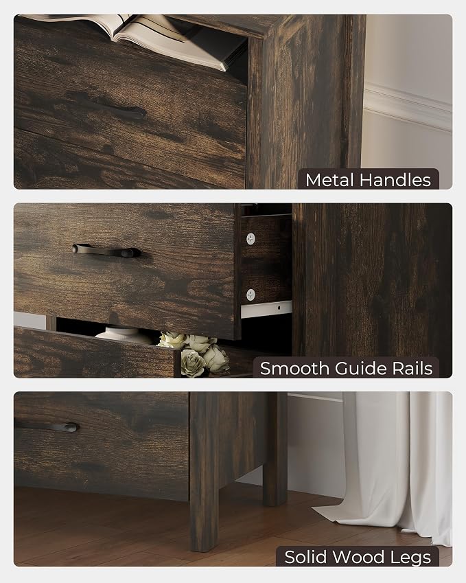 Farmhouse Nightstand Set of 2, Rustic Nightstand with 2 Drawers, Wood End Table with Open Shelf, Side Table for Bedroom, Dark Brown - Image 5