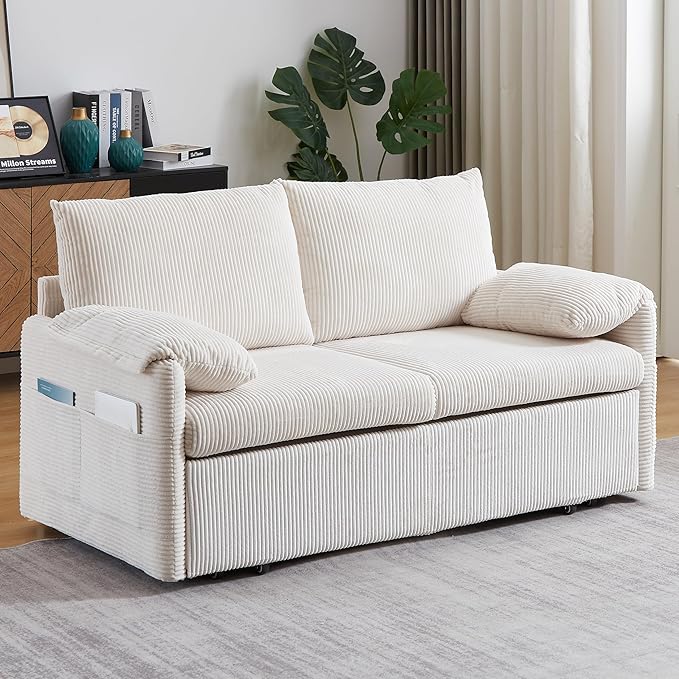 Eafurn 3 in 1 Convertible Pull Out Sleeper Sofa Couch Bed Queen Size, Corduroy Pullout Lounge Loveseat RV Sofa&Couches Sofabed with Soft Pillows Armrest,Side Pockers for Living Room Apartment