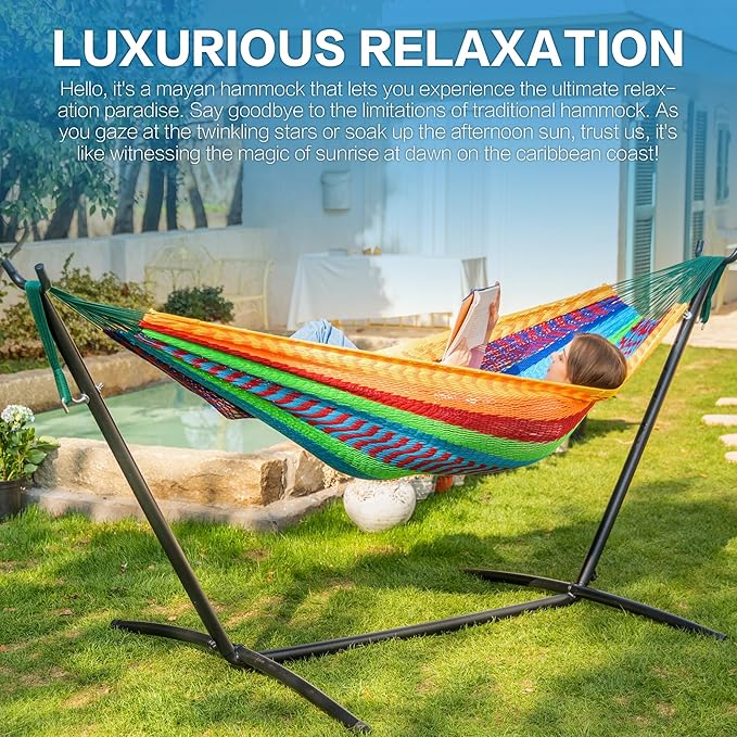 PNAEUT Double Hammocks with Stand for Outside, Portable Space Saving Heavy-Duty Steel Stand for Indoor Outdoor Patio (Mayan Rainbow) - Image 2