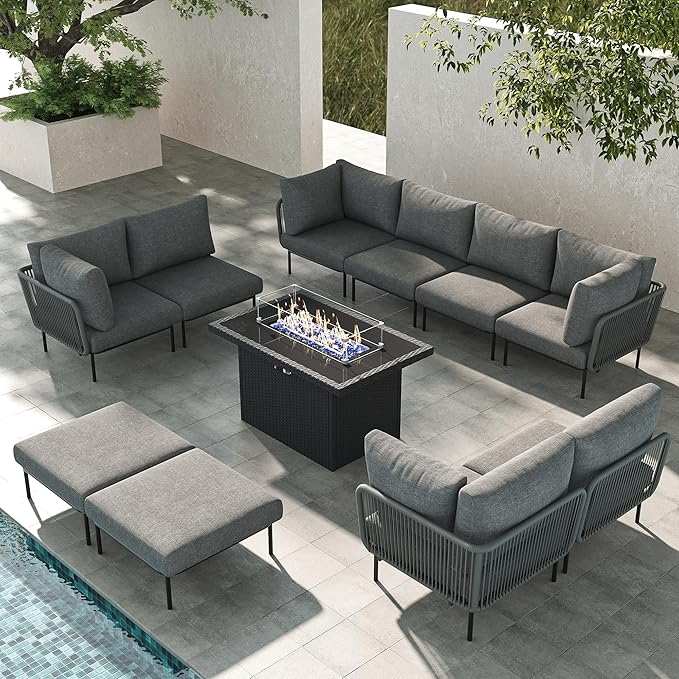 LayinSun 11 Pieces Aluminum Patio Furniture Set, Modern Modular Sectional Sofa with Fire Pit Table and Upgrade Thickness Cushion