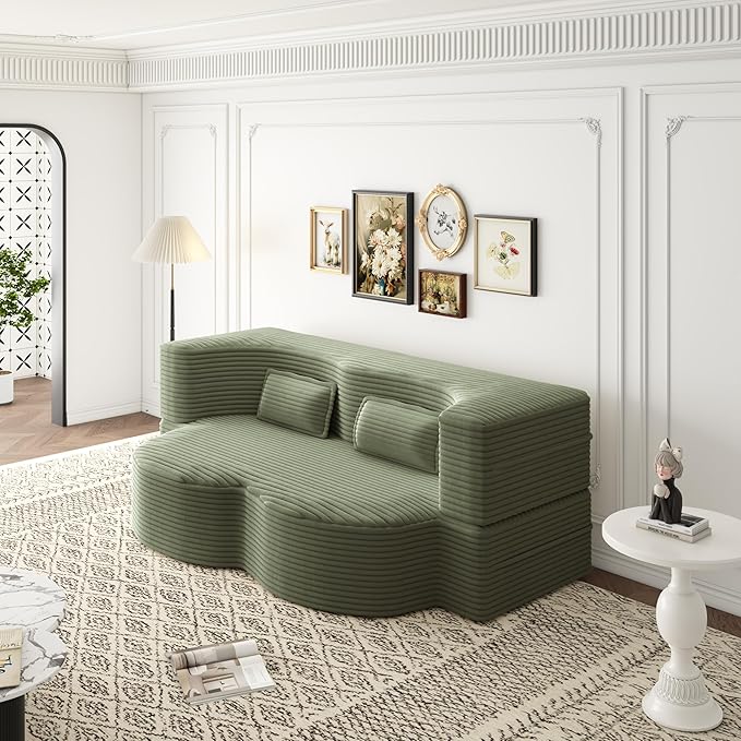 KEIKI Corduroy Floor Sofa Convertible Couch, Full Size 15" Foam Folding Mattress Sleeper Sofa Bed with 2 Pillows, Lounge Floor Couch for Bedroom & Living Room, Green
