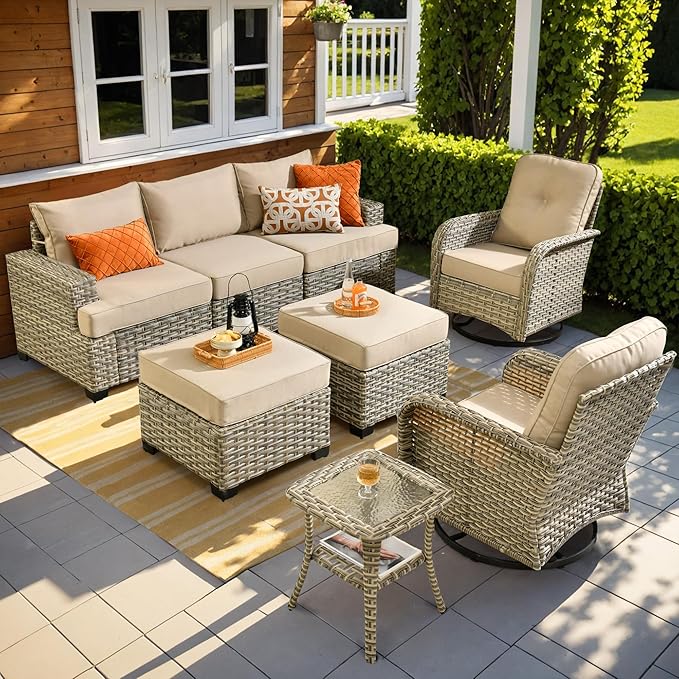 ovios 8 Piece Patio Sectional Furniture with Swivel Rocking Chairs, Rattan Wicker Coversation Set with Glowing Coffee Table, Outdoor Sofa Set for Outside Porch Balcony Backyard Pool, Beige