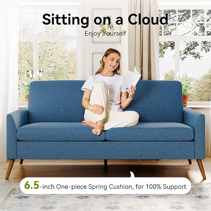 68" Loveseat Sofa, Comfy Blue Linen Couches for Living Room, Mid Century Modern Love Seat Sofa, Tool-Free Setup Small Couches for Bedroom Office