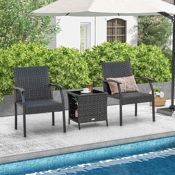 Tangkula 3 Pieces Patio Wicker Chair Set, Waterproof All Weather Resistant Heavy Duty Outdoor Conversation Set with Quick Dry Foam Seating, for Poolside, Backyard, Garden (Mix Brown)