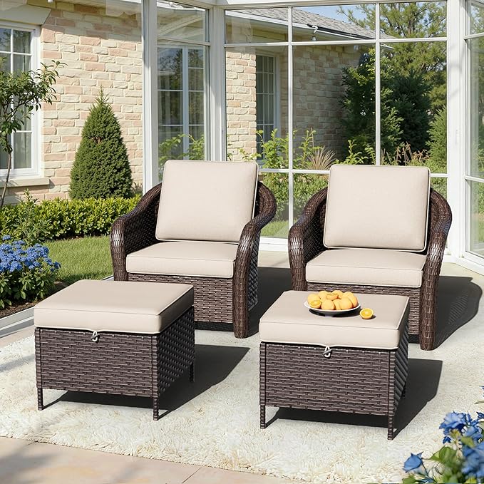 Outdoor Chairs Set with Ottomans, 4 PCS Patio Conversation Furniture Set with Removable Cushions, All-Weather Wicker Furniture for Porch, Backyard, Deck, Sunroom (Beige)