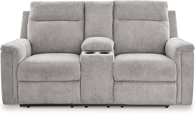 Signature Design by Ashley Barnsana Minimalist Power Reclining Loveseat with Console and USB Charging Ports, Light Gray