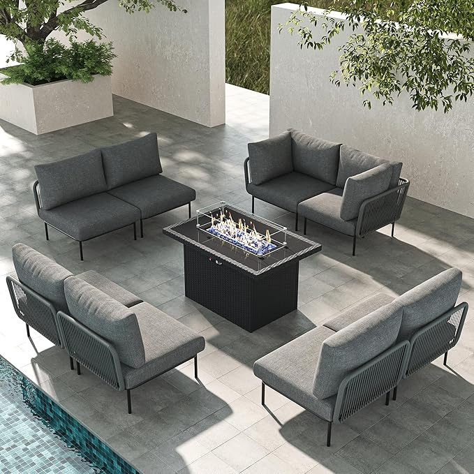 LayinSun 9 Pieces Aluminum Patio Furniture Set, Modern Modular Sectional Sofa with Fire Pit Table and Upgrade Thickness Cushion