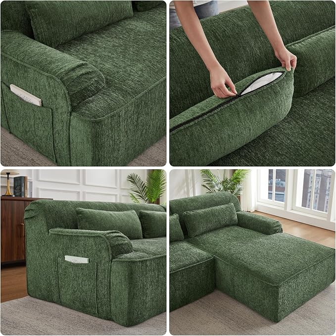 L-Shaped Sectional Sofa, Luxury Upholstered Chenille 3-Seater Sofa with Right Chaise Lounge & 3 Lumbar Pillows, Modern Comfy Oversized Couch with Side Pocket for Living Room, Apartment, Green