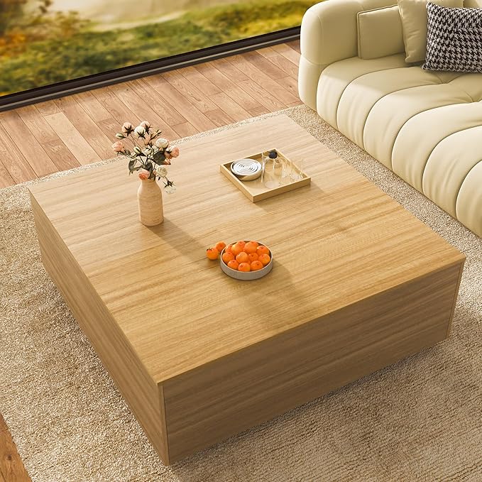 43 Inch Large Square Coffee Table with Storage,Modern Wooden Coffee Table with 2 Drawers Storage for Living Room,Mid Century Tea Table/Aesthetic Coffee Tables Center Table for Home Office(Oak)
