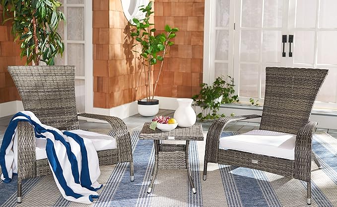 SAFAVIEH Outdoor Patio Furniture Collection Edna 3-Piece Lounge Set with Grey Brown Faux Rattan Armchairs, Cushions & Side Table, Conversation Seating (PAT7719C)