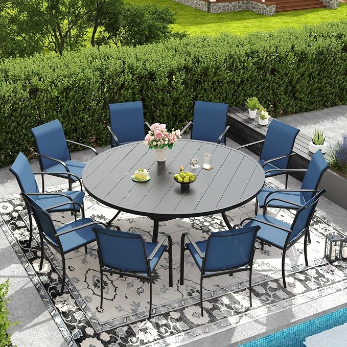 DIFY Patio Dining Set for 10, 11 Piece Outdoor Table and Chairs Set, 63" Black Round Metal Patio Dining Table and Blue Textilene Stackable Patio Chairs, for Backyard Garden Poolside by DIFY