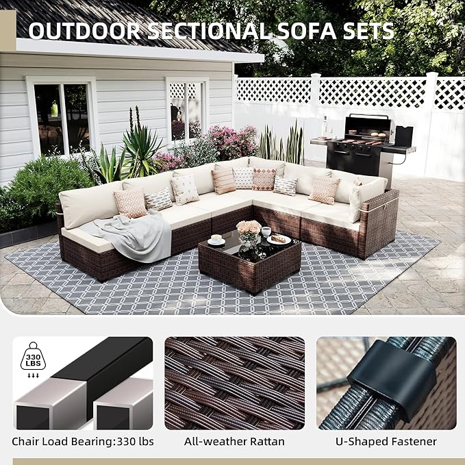 UPHA 9 Pieces Patio Furniture Sets, Wicker Outdoor Sectional Sofa Couch with Rectangle Propane Fire Pit for Deck Backyard Garden, Brown Rattan, White Cushion