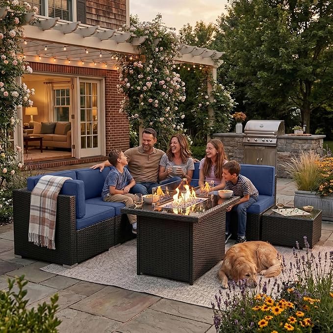 6 Pieces Patio Furniture Set with 44" Propane Gas Fire Pit Table, Outdoor Sectional Wicker Conversation Sofa Sets with Coffee Table