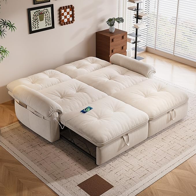 KEIKI 77" Modular Sectional Sofa with Pull-Out Bed, Convertible Sleeper Sofa Bed, 3-Seater Sleeper Sofa Couch for Living Rooms, Bedroom, Apartment, Beige