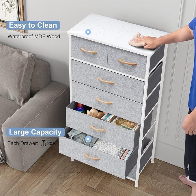 Crestlive Products Vertical Dresser Storage Tower - Sturdy Steel Frame, Wood Top, Easy Pull Fabric Bins, Wood Handles - Organizer Unit for Bedroom, Hallway, Entryway, Closets - 7 Drawers (Light Gray) - Image 5