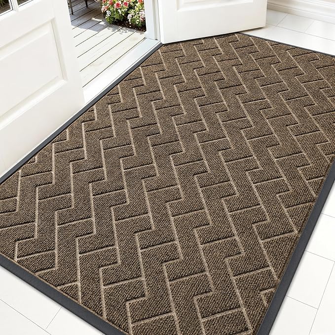 OLANLY Front Door Mat Indoor Outdoor Entrance, Waterproof All-Season, All-Weather Doormat, Sturdy Natural Rubber, Low Profile, Easy Clean Patio Porch Entryway Mat, Herringbone Brick (Brown, 59x35) by OLANLY