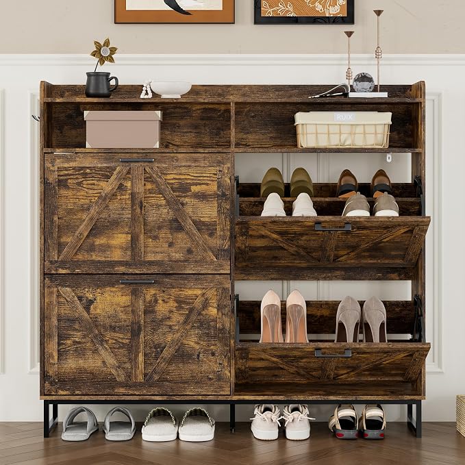 BORNOON Shoe Cabinet with 4 Flip Drawers Narrow Shoe Storage Cabinet Organizer Wooden Freestanding Shoe Rack Hidden Slim Shoes Storage Cabinet for Entryway, Hallway, Living Room, Bedroom - Image 5