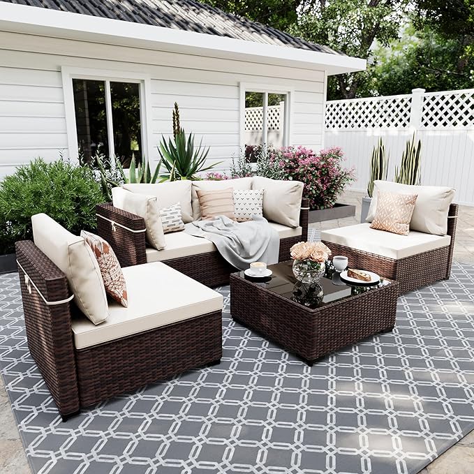 UPHA 5 Pieces Patio Furniture Sets, Wicker Outdoor Sectional Sofa Couch with Coffee Table, Patio Conversation Set for Deck Backyard Garden, Brown Rattan, White Cushion
