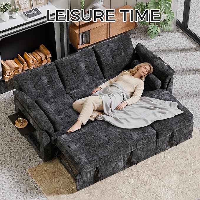 3 in 1 Convertible Sofa Bed, Chenille Pull Out Couch with Side Table, 3 Seat Pull Out Sofa Bed with Level Adjustable Backrest, Comfy Sleeper Sofas for Living Room, Apartment, Black