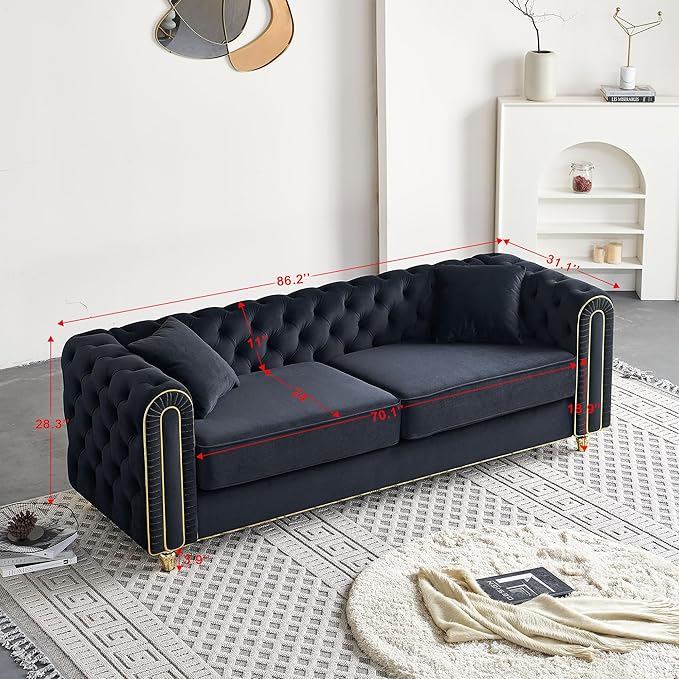 KEIKI 86" Chesterfield Velvet Button Tufted Sofa with High Density Foam Cushions and 2 Toss Pillows, Modern Style 3-Seater Couch with Gold Strip Trim Decoration, Easy Assembly, for Living Room, Black