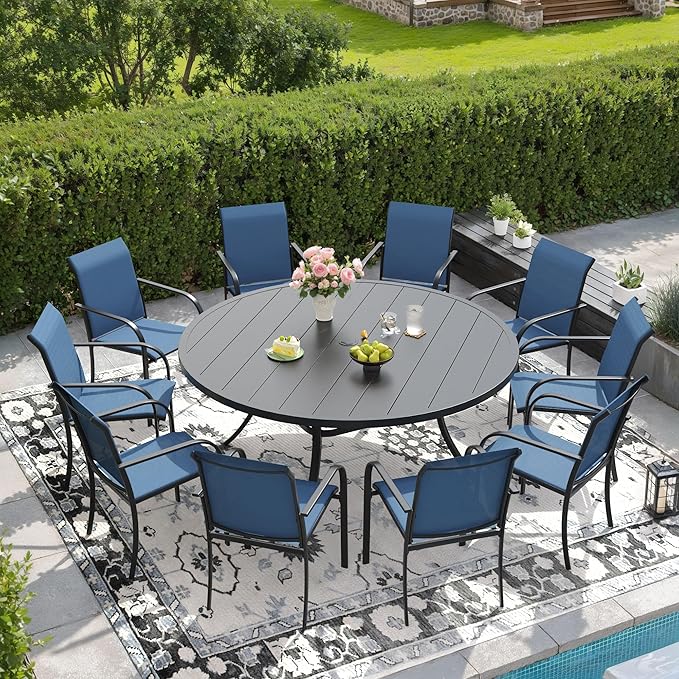 DIFY 11 Pieces Outdoor Patio Dining Set for 10, 60" Black Round Metal Dining Table and 10 Blue Stackable Sling Dining Chairs, Outdoor Table and Chairs for Lawn Garden Backyard Deck by DIFY