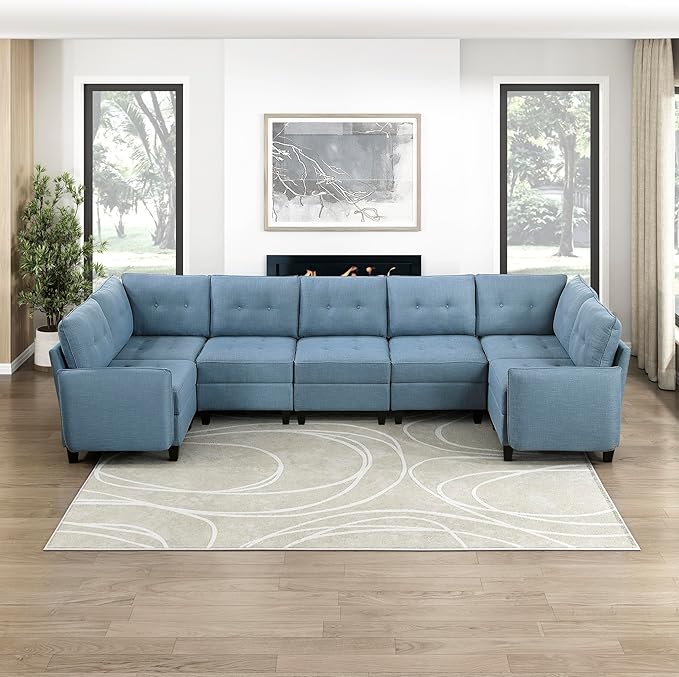 Lexicon U Shape Sectional Couch with Hidden Storage, Textured Fabric Modular Sectional Sofa with Button-Tufted Design, Reversible Back Cushion, 7 Seater Large Sofa, Blue