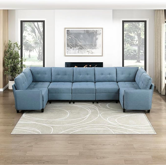 Lexicon U Shape Sectional Couch with Hidden Storage, Textured Fabric Modular Sectional Sofa with Button-Tufted Design, Reversible Back Cushion, 7 Seater Large Sofa, Blue
