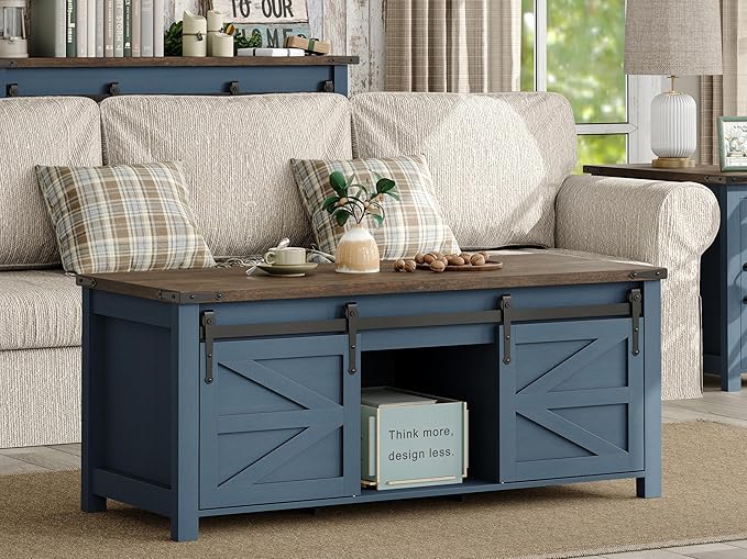 Lift Top Coffee Table, 47.3'' Farmhouse Coffee Table with Large Hidden Storage Compartment & Sliding Barn Doors, Wood Modern Rectangle Table for Home, Office, Blue