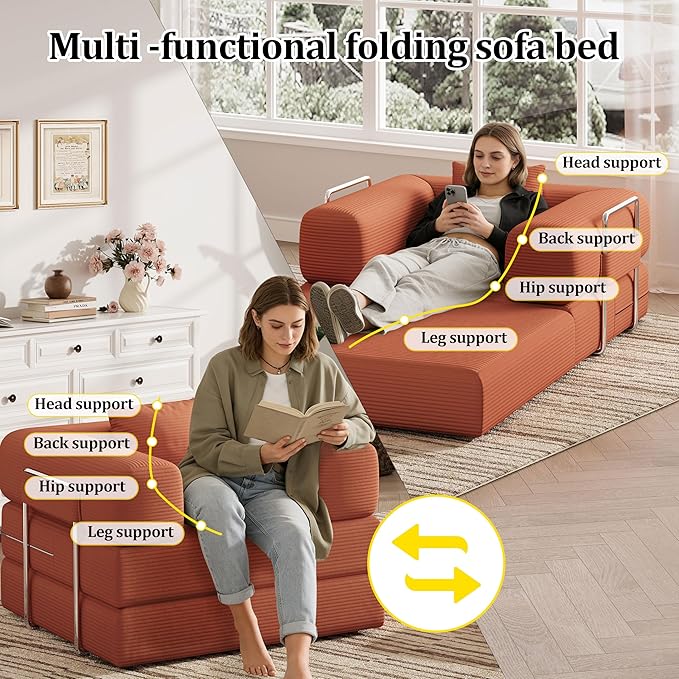 Folding Sofa Bed, 2 in 1 Convertible Sofas to Lounger Comfy Single Bean Bag Chair Floor Portable Foldable Sleeper Lazy Futon Couch Chair for Bedroom, Living Room(Orange, 35.43" Single Sofa)