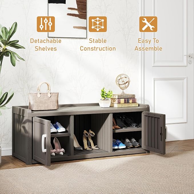 NUNU LAB Shoe Storage Cabinet, Waterproof Shoe Organizer with Adjustable Shelves, UV-Resistant Entryway Shoe Cabinet Bench with 2 Barn Doors for Indoor Outdoor, Foyer, Hallway, Living Room,Grey - Image 4