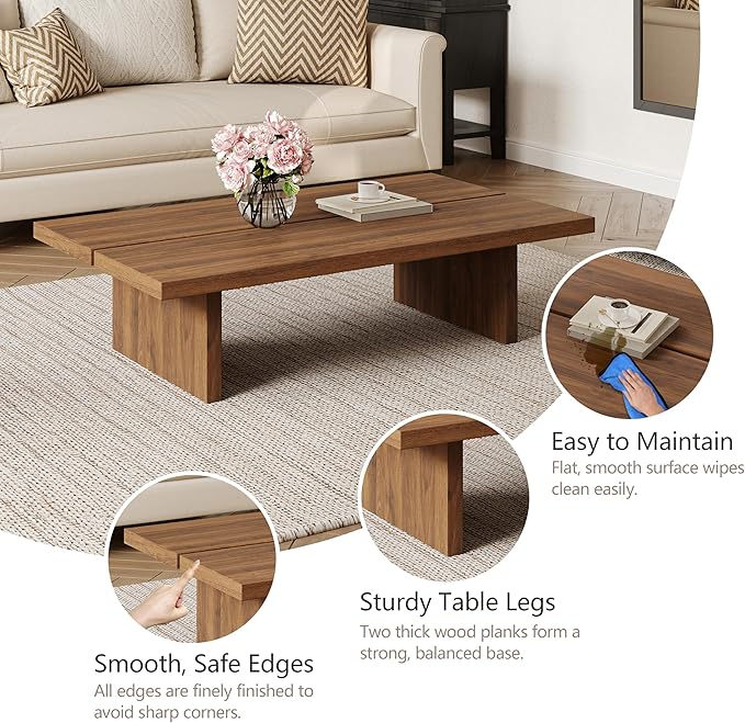 Modern Rectangle Coffee Table, Wood Living Room Table, Walnut Brown Japanese Tea Table for Home Office Apartment, 47.24"