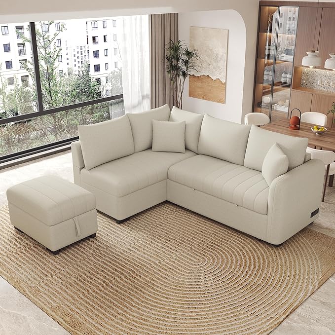 Ball & Cast L-Shaped Sectional Pull Out Sofa with Two USB Ports,4-Seater Convertible Couch w/Power Sockets and Movable Storage Ottoman,for Living Room,Apartment,Beige