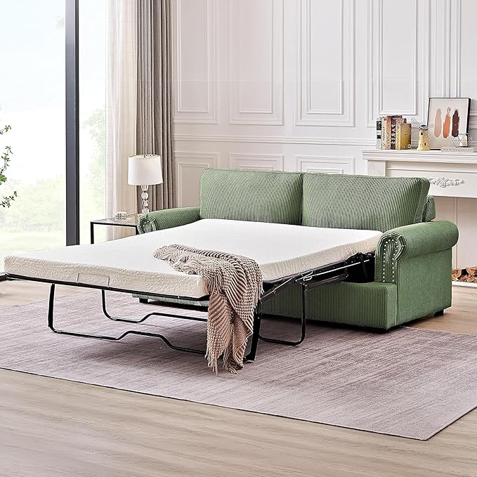 Reversible Sleeper Sofa Bed with Comfortable Memory Foam Mattress, Convertible Corduroy Full Size Pull Out Couch for Living Room, Space Saving Furniture, 76" Wide, Rounded Arms, Dark Green