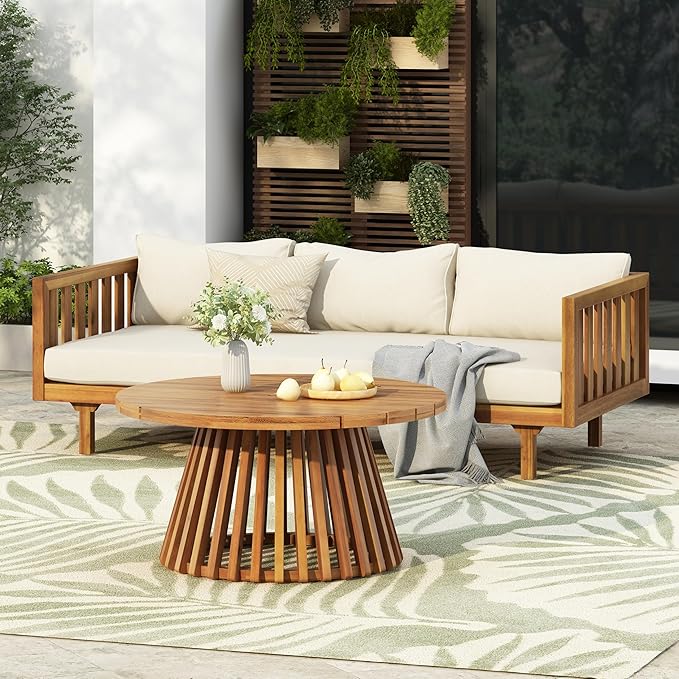 Christopher Knight Home Claremont Patio Sofa and Coffee Table Set, 2 Piece Outdoor Patio Furniture Set with Cushion, Acacia Wood 3 Seater Outdoor Sofa Daybed and Coffee Table Set, Teak+Beige