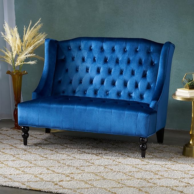 Modern Tufted Velvet Wingback Loveseat, Tufted Velvet 2 Seat Couch Sofas with High Back Thick Padded Cushioned Seats for Living Room, Victorian Style, Navy Blue