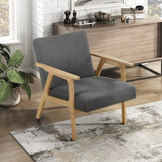 Lexicon Mid Century Modern Accent Chair, Upholstered Lounge Armchair, Single Sofa Seat, Natural Finish Solid Wood Framed Comfy Side Chairs for Living Room/Bedroom/Office/Waiting Area, Dark Gray