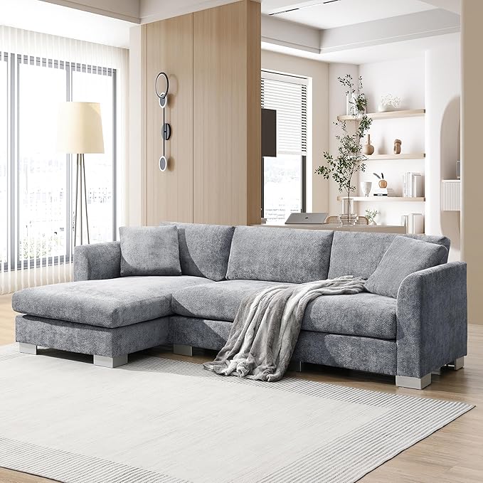 Deep Seat Oversized L Shaped Modular Sectional Sofa with Extra Wide Chaise, 4 Seater Cloud Lounge Sofa Corner Couch with Metal Legs and Detachable Cushions for Living Room Apartment, Chenille Fabric