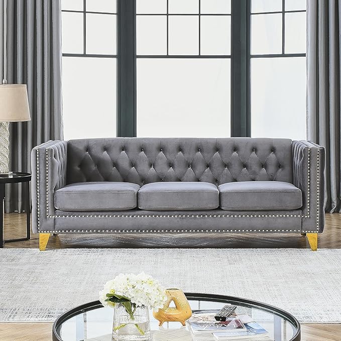 KEIKI Tufted Velvet 3 Seat Sofa Couch for Living Room, Buttons Tufted Square Arm Couch for Home Apartment, Gray