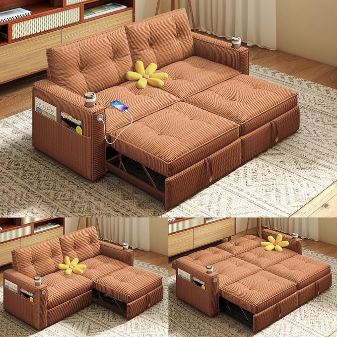 Rovibek 73.2" Convertible Sofa Bed, Pull Out Couch with USB Charging Port & Cup Holders, Adjustable Backrest, Side Pockets, Modern Corduroy Sleeper Sofa for Living Room, Bedroom, Apartment, Orange